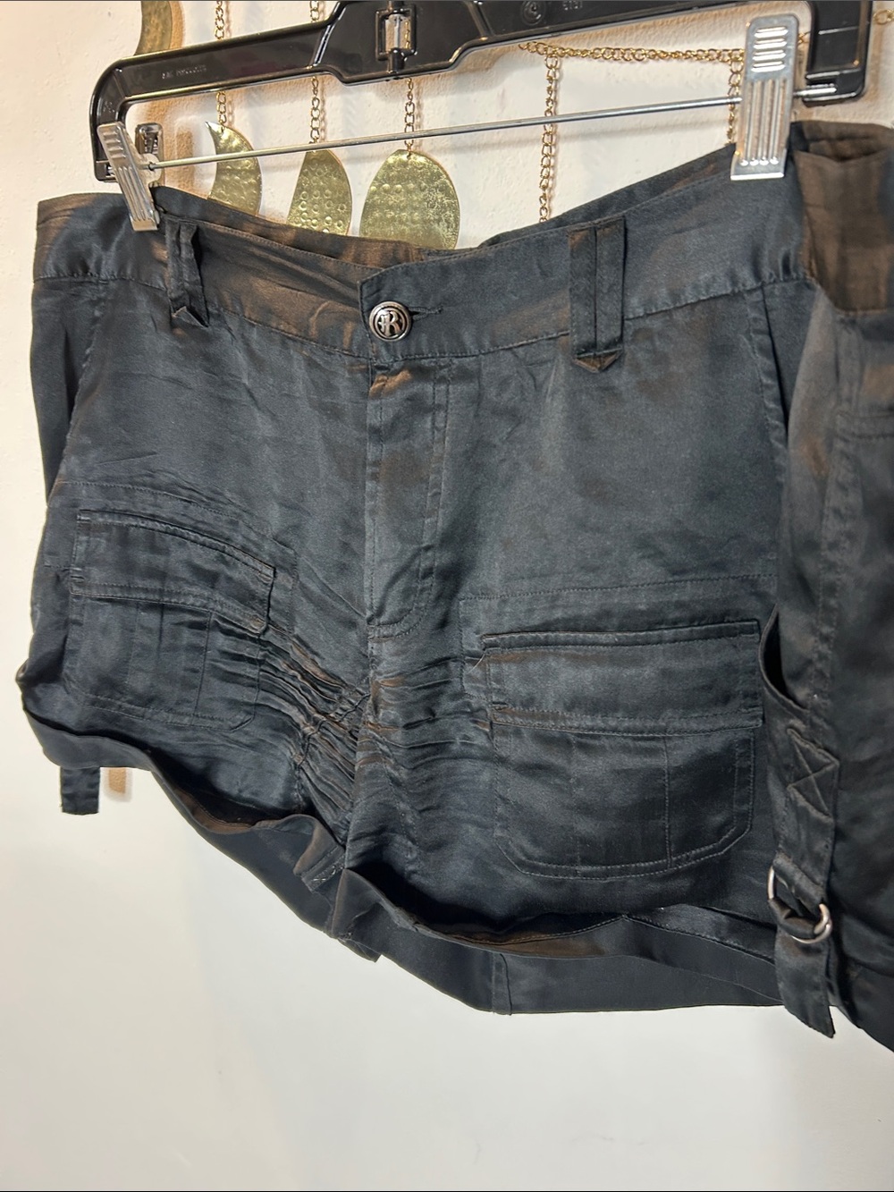 Rich & Skinny Silk Black Cargo Shorts with Front Patch Pockets